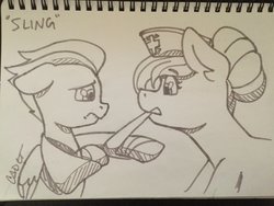 Size: 2048x1536 | Tagged: safe, artist:cadetredshirt, nurse redheart, rumble, earth pony, pegasus, pony, g4, bandage, clothes, crying, ear fluff, hair bun, hat, ink, ink drawing, inktober, inktober 2019, lip bite, looking at each other, sad, sling, traditional art, wings, wings down, worried