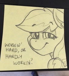 Size: 1863x2048 | Tagged: safe, artist:cadetredshirt, applejack, earth pony, pony, g4, close-up, female, hair, looking at camera, looking at you, pencil drawing, sketch, smiling, smug, solo, text, traditional art