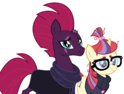 Size: 1024x774 | Tagged: safe, artist:sketchmcreations, moondancer, tempest shadow, pony, unicorn, g4, the ending of the end, broken horn, cloak, clothes, duo, eye scar, female, glasses, horn, mare, scar, scarf, simple background, sweater, transparent background, vector
