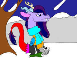 Size: 1024x768 | Tagged: source needed, useless source url, safe, artist:wolfspiritclan, oc, oc only, oc:adean the draconequus, draconequus, mountain, night, snow, solo, tree, winter