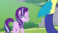 Size: 1280x720 | Tagged: safe, screencap, discord, spike, starlight glimmer, pony, unicorn, a matter of principals, g4, angry, animated, charging, glowing horn, horn, magic, sound, warning, webm