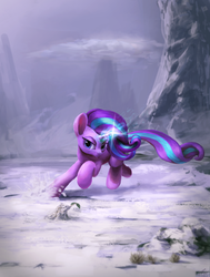 Size: 1454x1920 | Tagged: safe, artist:smg11-on-ddjrb, starlight glimmer, pony, unicorn, g4, badass, female, glowing horn, horn, mare, scenery, snow, solo, windswept mane