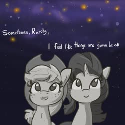 Size: 1080x1080 | Tagged: safe, artist:tjpones, applejack, rarity, earth pony, pony, unicorn, g4, applejack's hat, chest fluff, cowboy hat, dialogue, female, freckles, hat, mare, open mouth, positive ponies, smiling