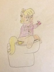 Size: 772x1034 | Tagged: safe, artist:snipiper, ms. harshwhinny, earth pony, pony, g4, angry, but why, female, implied diarrhea, implied farting, implied pooping, laxative, sitting on toilet, toilet, traditional art