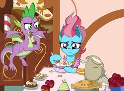 Size: 1043x766 | Tagged: safe, artist:dualtry, cup cake, spike, dragon, earth pony, pony, g4, the big mac question, apple, batter, bowl, cake, cooking, duo, flour, food, pie, scene interpretation, winged spike, wings