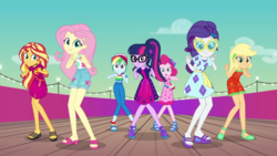 Size: 1920x1080 | Tagged: safe, screencap, applejack, fluttershy, pinkie pie, rainbow dash, rarity, sci-twi, sunset shimmer, twilight sparkle, equestria girls, g4, i'm on a yacht, spoiler:eqg series (season 2), clothes, dress, feet, female, glasses, humane five, humane seven, humane six, legs, lidded eyes, looking at you, ponytail, sandals