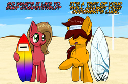 Size: 1280x844 | Tagged: safe, artist:clouddg, oc, oc only, oc:pun, pony, ask pun, ask, beach, duo, female, male, mare, stallion, surfboard
