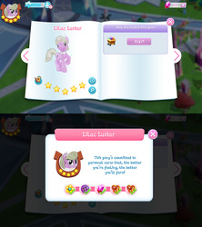 Size: 1280x1440 | Tagged: safe, gameloft, lilac luster, crystal pony, earth pony, pony, g4, bio, flower, flower in hair, game screencap, gem, introduction card, stars