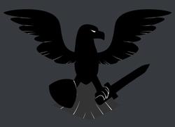 Size: 890x644 | Tagged: safe, oc, oc:amber moonlight, bird, eagle, black, cutie mark, gray background, shield, simple background, sword, weapon