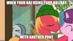 Size: 888x499 | Tagged: safe, edit, edited screencap, screencap, big macintosh, marble pie, sugar belle, g4, my little pony best gift ever, caption, female, heartbroken marble, image macro, imgflip, male, ship:sugarmac, shipping, side chick, straight, text