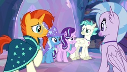 Size: 1920x1080 | Tagged: safe, screencap, silverstream, starlight glimmer, sunburst, terramar, trixie, classical hippogriff, hippogriff, pony, unicorn, g4, student counsel, brother and sister, female, male, mare, quadrupedal, siblings, stallion, treehouse of harmony