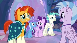 Size: 1920x1080 | Tagged: safe, screencap, silverstream, starlight glimmer, sunburst, terramar, trixie, classical hippogriff, hippogriff, pony, unicorn, g4, student counsel, female, male, mare, quadrupedal, stallion, treehouse of harmony