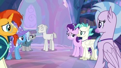 Size: 1920x1080 | Tagged: safe, screencap, mudbriar, silverstream, starlight glimmer, sunburst, terramar, trixie, classical hippogriff, hippogriff, pony, unicorn, g4, student counsel, brother and sister, female, male, mare, petrification, quadrupedal, rockbriar, siblings, stallion, treehouse of harmony