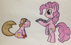 Size: 1280x812 | Tagged: safe, artist:adurot, pinkie pie, earth pony, pony, pinkiepieskitchen, g4, apron, ask-pony-kirby, bipedal, clothes, female, kirby, kirby (series), mare, plate, ponified, traditional art