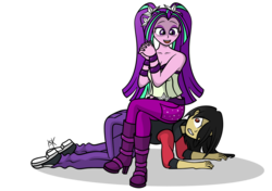 Size: 900x635 | Tagged: safe, artist:pony4koma, aria blaze, oc, oc:red soul, equestria girls, g4, angry, ariabetes, bare shoulders, breasts, chair, converse, cute, disguise, disguised siren, duo, female, long hair, makeup, male, midriff, pigtails, shoes, sitting, sleeveless, smiling, strapless, tube top, twintails, wristband