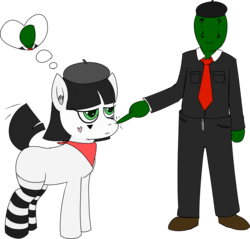 Size: 2605x2488 | Tagged: safe, artist:poniidesu, oc, oc only, oc:anon, oc:silent clop, earth pony, human, pony, bandana, beret, black mane, blank flank, boop, chest fluff, clothes, colored, cute, ear fluff, female, flat colors, green eyes, green skin, hat, heart, high res, lineart, makeup, male, mare, mime, necktie, ocbetes, short mane, short tail, simple background, socks, stockings, striped socks, suit, tail wag, thigh highs, thought bubble, transparent background, white coat