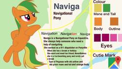 Size: 1191x671 | Tagged: safe, artist:ponyrailartist, oc, oc only, oc:naviga, pegasus, pony, female, google maps, mare, reference sheet, show accurate