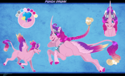 Size: 1607x983 | Tagged: safe, artist:bijutsuyoukai, oc, oc only, oc:punch drunk, alicorn, pony, abstract background, alicorn oc, colored wings, colored wingtips, curved horn, hoof crack, horn, human teeth, jewelry, magical lesbian spawn, male, offspring, parent:pinkie pie, parent:princess cadance, parents:cadancepie, reference sheet, regalia, solo, stallion, uncanny valley