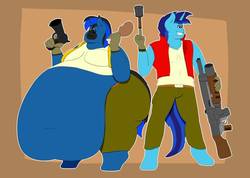 Size: 1060x754 | Tagged: safe, artist:charlyc1995, oc, oc only, oc:dial liyon, oc:dr meem, anthro, belly, big belly, chubby, fat, huge belly, impossibly large belly, metal slug, morbidly obese, obese, weapon, weight gain