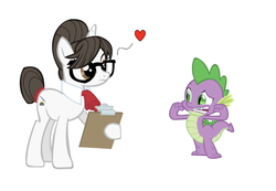 Size: 750x518 | Tagged: safe, artist:30coloredowl, artist:thebosscamacho, edit, editor:undeadponysoldier, raven, spike, dragon, pony, unicorn, g4, choker, clipboard, female, glasses, heart, in love, looking good spike, male, mare, ship:ravenspike, shipping, simple background, straight, vector, white background