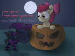 Size: 4000x3000 | Tagged: safe, artist:littlefaith9, apple bloom, oc, oc:shadow faith, bat pony, earth pony, pony, g4, 5-year-old, canon x oc, clothes, costume, dialogue, female, filly, halloween, halloween costume, holiday, moon, nightmare night, pumpkin, pushing, shipping, socks, spread wings, striped socks, wings