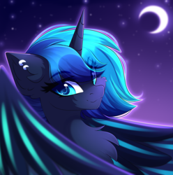Size: 3306x3333 | Tagged: safe, artist:airiniblock, oc, oc only, alicorn, pony, chest fluff, commission, ear fluff, eye clipping through hair, female, high res, horn, looking at you, mare, moon, smiling, solo