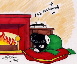 Size: 1140x954 | Tagged: safe, artist:newyorkx3, oc, oc only, oc:tommy junior, earth pony, pony, blanket, colt, fire, fireplace, male, pillow, record player, solo, song, traditional art, wood