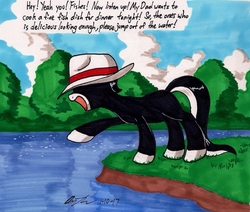 Size: 1547x1314 | Tagged: safe, artist:newyorkx3, oc, oc only, oc:tommy junior, earth pony, pony, cloud, colt, hat, lake, male, solo, traditional art, tree