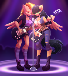 Size: 3021x3377 | Tagged: safe, artist:airiniblock, oc, oc only, oc:ebony winds, oc:pepper spice, pegasus, pony, anthro, plantigrade anthro, bass guitar, clothes, duo, duo female, electric guitar, female, guitar, high res, jacket, microphone, microphone stand, musical instrument, pants, punk, punk rock, rock (music), singing, spotlight, spots
