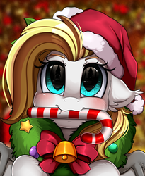 Size: 1446x1764 | Tagged: safe, artist:pridark, oc, oc only, oc:celestial aegis, bat pony, pony, bat pony oc, bell, blushing, candy, candy cane, christmas, commission, cute, cute little fangs, fangs, food, hat, holiday, mouth hold, ocbetes, pridark's christmas ponies, santa hat, solo, wreath, ych result