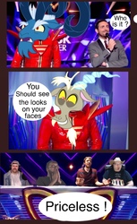 Size: 750x1223 | Tagged: safe, discord, grogar, g4, my little pony: friendship is magic, the ending of the end, applegeek, exploitable meme, meme, reaction, reaction guys, the masked singer