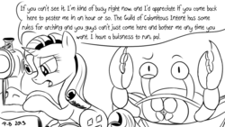 Size: 1200x675 | Tagged: safe, artist:pony-berserker, rarity, crab, giant crab, pony, unicorn, pony-berserker's twitter sketches, g4, black and white, female, grayscale, guild of calamitous intent, i can't believe it's not idw, mare, misspelling, monochrome, nonchalant, rarity fighting a giant crab, sewing machine, signature, simple background, sketch, speech bubble, the venture bros., white background