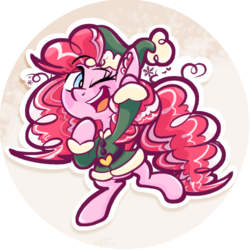 Size: 1174x1173 | Tagged: safe, artist:binkyt11, pinkie pie, earth pony, elf, pony, g4, alternate hairstyle, blushing, chibi, christmas, circle background, clothes, cute, diapinkes, ear fluff, eye clipping through hair, female, floating heart, heart, holiday, mare, one eye closed, open mouth, ponk, snow, snowflake, solo, wink