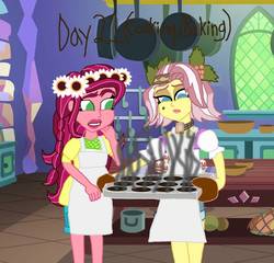 Size: 913x875 | Tagged: safe, artist:ktd1993, gloriosa daisy, vignette valencia, equestria girls, g4, 21, 30 day otp challenge, burned, cooking, female, gloriette, kitchen, lesbian, shipping