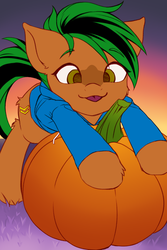 Size: 1000x1500 | Tagged: safe, artist:sallydff, oc, oc only, oc:patutu, earth pony, pony, clothes, halloween, holiday, hoodie, pumpkin, solo, tongue out