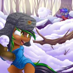 Size: 4000x4000 | Tagged: safe, artist:ask-colorsound, oc, oc only, oc:grey, oc:patutu, bat pony, earth pony, pony, absurd resolution, clothes, duo, hammer and sickle, hat, hoodie, playing, russia, snow, snowball, snowball fight, ushanka, winter