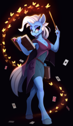 Size: 1300x2245 | Tagged: safe, artist:yakovlev-vad, trixie, butterfly, unicorn, anthro, unguligrade anthro, g4, armpits, book, breasts, busty trixie, cape, cleavage, clothes, female, glasses, illusionist, looking at you, magic wand, mare, playing card, see-through, skintight clothes, solo, spellbook, wand