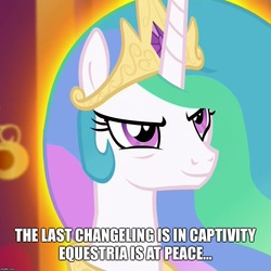 Size: 1000x1000 | Tagged: safe, edit, edited screencap, screencap, princess celestia, alicorn, changeling, pony, g4, twilight's kingdom, caption, cropped, image macro, metroid, quote, smiling, smirk, super metroid, super nintendo, text, video game reference