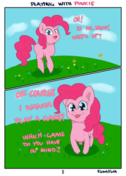Size: 3114x4354 | Tagged: safe, artist:kumakum, pinkie pie, earth pony, pony, comic:playtime with pinkie, g4, cloud, comic, dialogue, female, flower, grass, looking at you, mare, open mouth, smiling, solo, tongue out