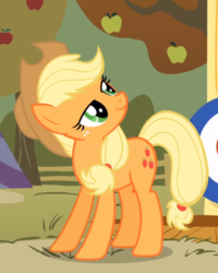 Size: 626x781 | Tagged: safe, screencap, applejack, earth pony, pony, fall weather friends, g4, :t, applejack is best facemaker, cropped, female, freckles, lidded eyes, looking up, mare, smiling, smug, smugjack, solo