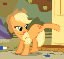 Size: 791x726 | Tagged: safe, screencap, applejack, earth pony, pony, fall weather friends, g4, bucking, cropped, female, freckles, looking back, mare, open mouth, raised hoof, smiling, solo