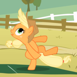 Size: 795x797 | Tagged: safe, screencap, applejack, earth pony, pony, fall weather friends, g4, season 1, bipedal, cropped, female, freckles, looking up, mare, open mouth, raised leg, silly, silly pony, solo, standing, standing on one leg, who's a silly pony