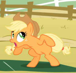 Size: 657x626 | Tagged: safe, screencap, applejack, earth pony, pony, fall weather friends, g4, bipedal, cropped, crouching, female, freckles, looking up, mare, open mouth, solo