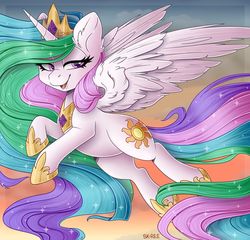 Size: 1024x984 | Tagged: safe, artist:sk-ree, princess celestia, alicorn, pony, g4, chibi, crown, female, hoof shoes, jewelry, mare, peytral, regalia, solo, spread wings, wings