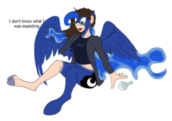 Size: 2811x1974 | Tagged: safe, artist:settop, princess luna, alicorn, human, pony, anthro, unguligrade anthro, g4, female, human to pony, male to female, mare, mareoids, mid-transformation, rule 63, simple background, transformation, transgender transformation, white background
