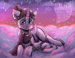 Size: 2600x2000 | Tagged: safe, artist:zefirka, cat, clothes, commission, hat, high res, scarf, snow, solo, ych example, your character here