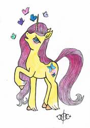 Size: 752x1063 | Tagged: safe, artist:assertiveshypony, fluttershy, butterfly, pony, unicorn, g4, drawing, fluttershy (g5 concept leak), g5 concept leak style, g5 concept leaks, looking up, race swap, simple background, white background