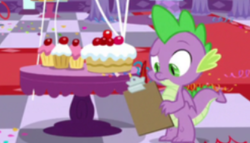 Size: 328x187 | Tagged: safe, screencap, spike, dragon, between dark and dawn, g4, balloon, cake, candy, checklist, cropped, cupcake, food, gumdrop, male, party, solo, winged spike, wings