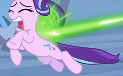 Size: 911x561 | Tagged: safe, screencap, starlight glimmer, pony, unicorn, g4, the ending of the end, abuse, blast, female, glimmerbuse, implied queen chrysalis, magic, magic blast, mare, offscreen character, ouch, solo, you know for kids
