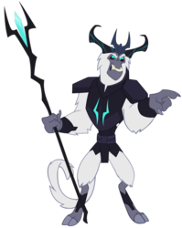 Size: 797x1003 | Tagged: safe, artist:andoanimalia, storm king, yeti, g4, my little pony: the movie, alternate design, angry, antagonist, armor, claws, cloven hooves, crown, crystal, fangs, growling, horns, jewelry, male, original design, pointing, regalia, simple background, solo, staff, staff of sacanas, storm king's emblem, tail, transparent background, vector